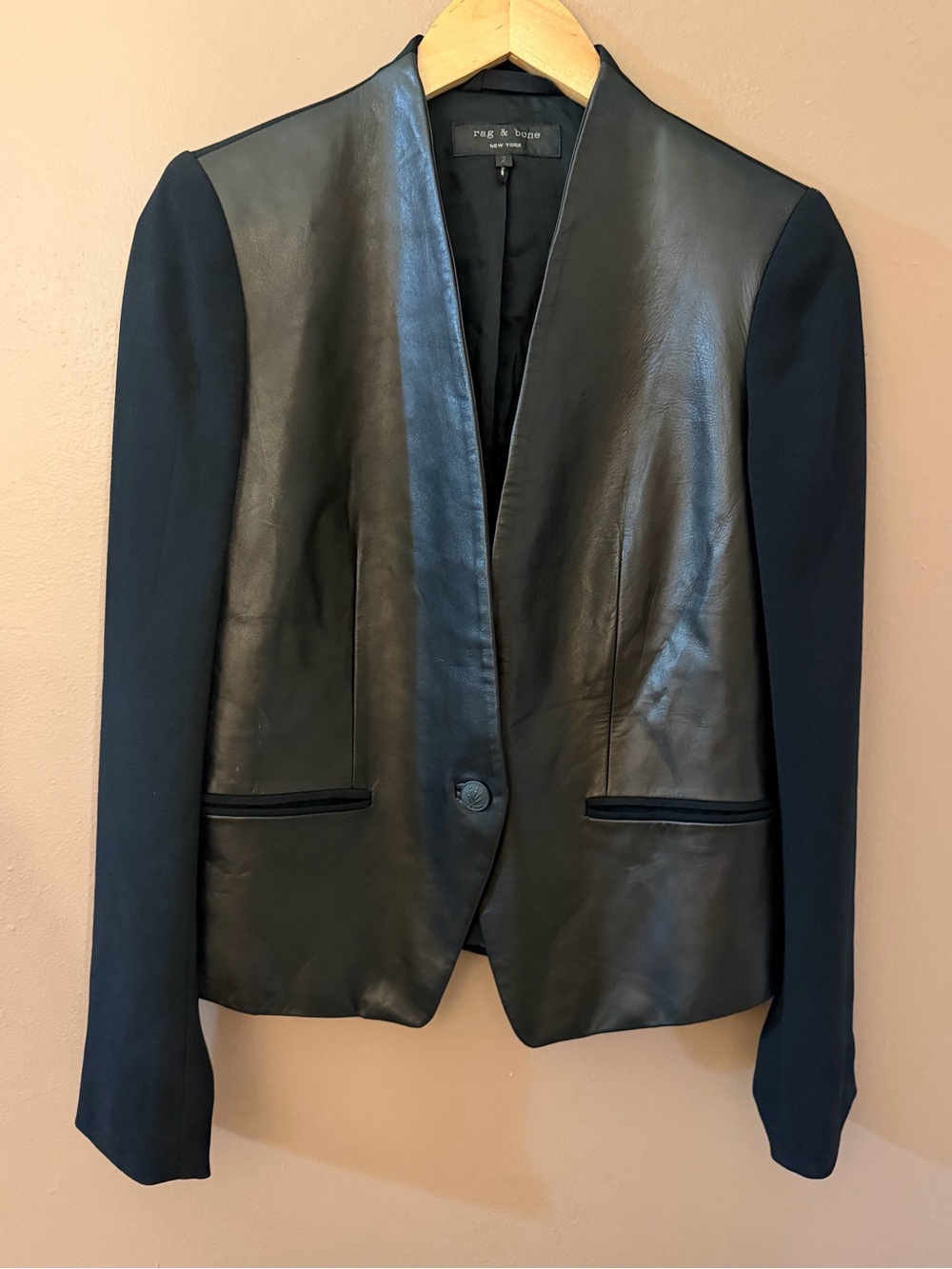rag & bone Women’s Black Leather Lined Button Front Pockets Slim Short Blazer 2